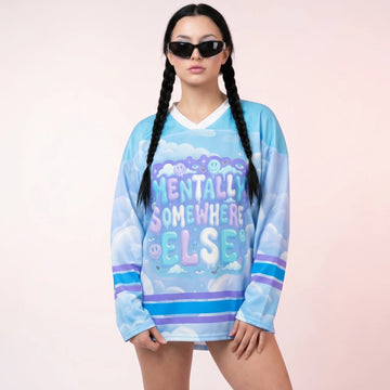 Pastel blue rave hockey jersey with "Mentally Somewhere Else" trippy graphic - POSIDYNA Rave Outfits