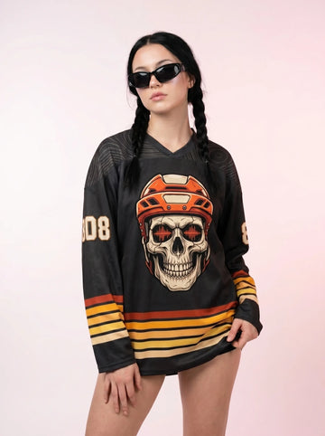 Female model wearing an oversized Basshead Rave Hockey Jersey with sunglasses for a festival look