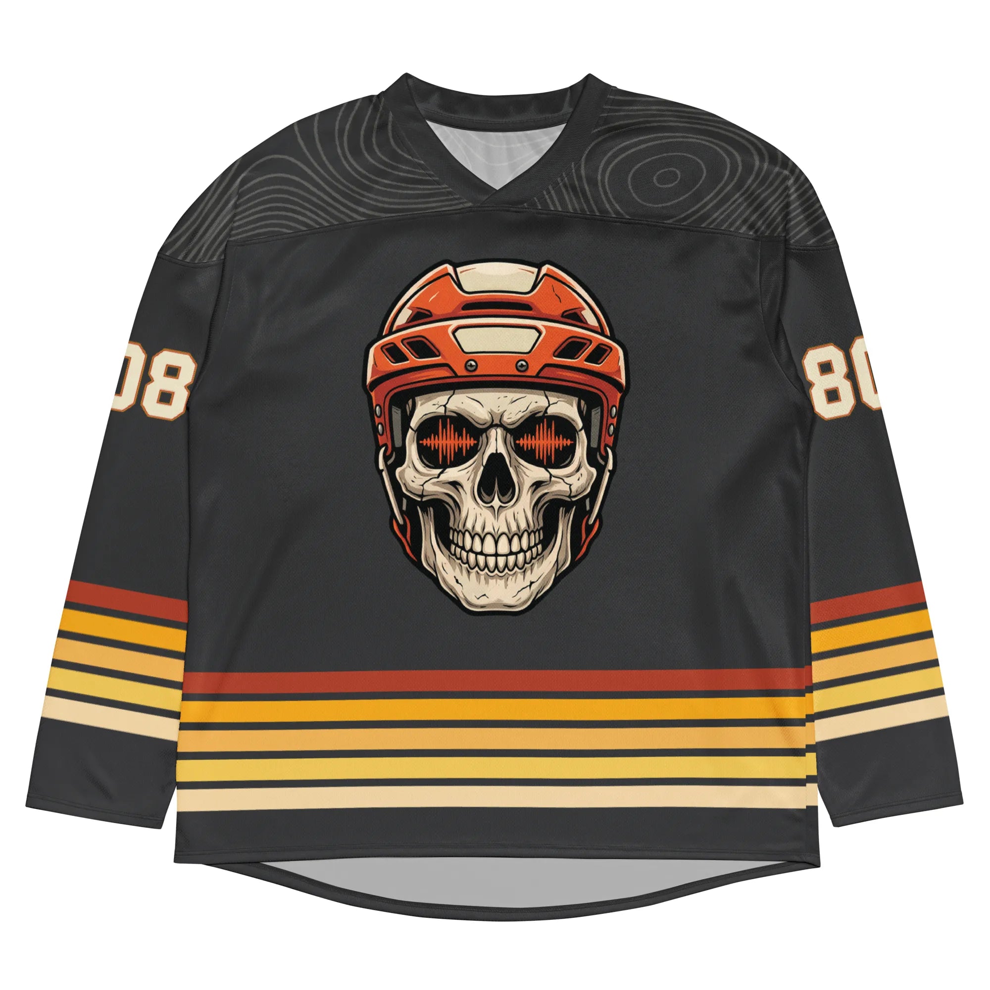 Front view of black posidyna rave hockey jersey featuring a skull with soundwave eyes and orange accents