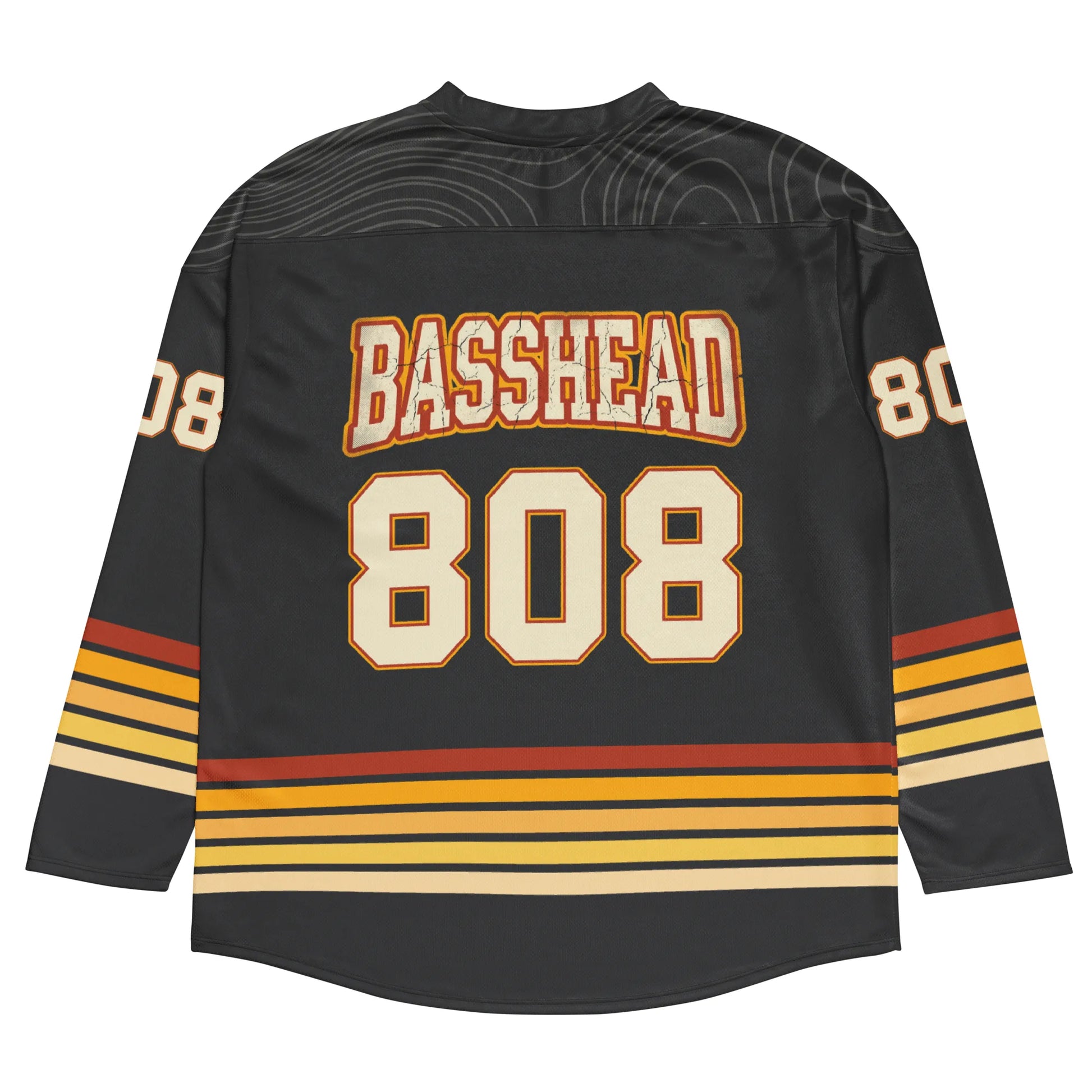 Back view of Basshead 808 hockey jersey for EDM festivals showing relaxed fit and long sleeves