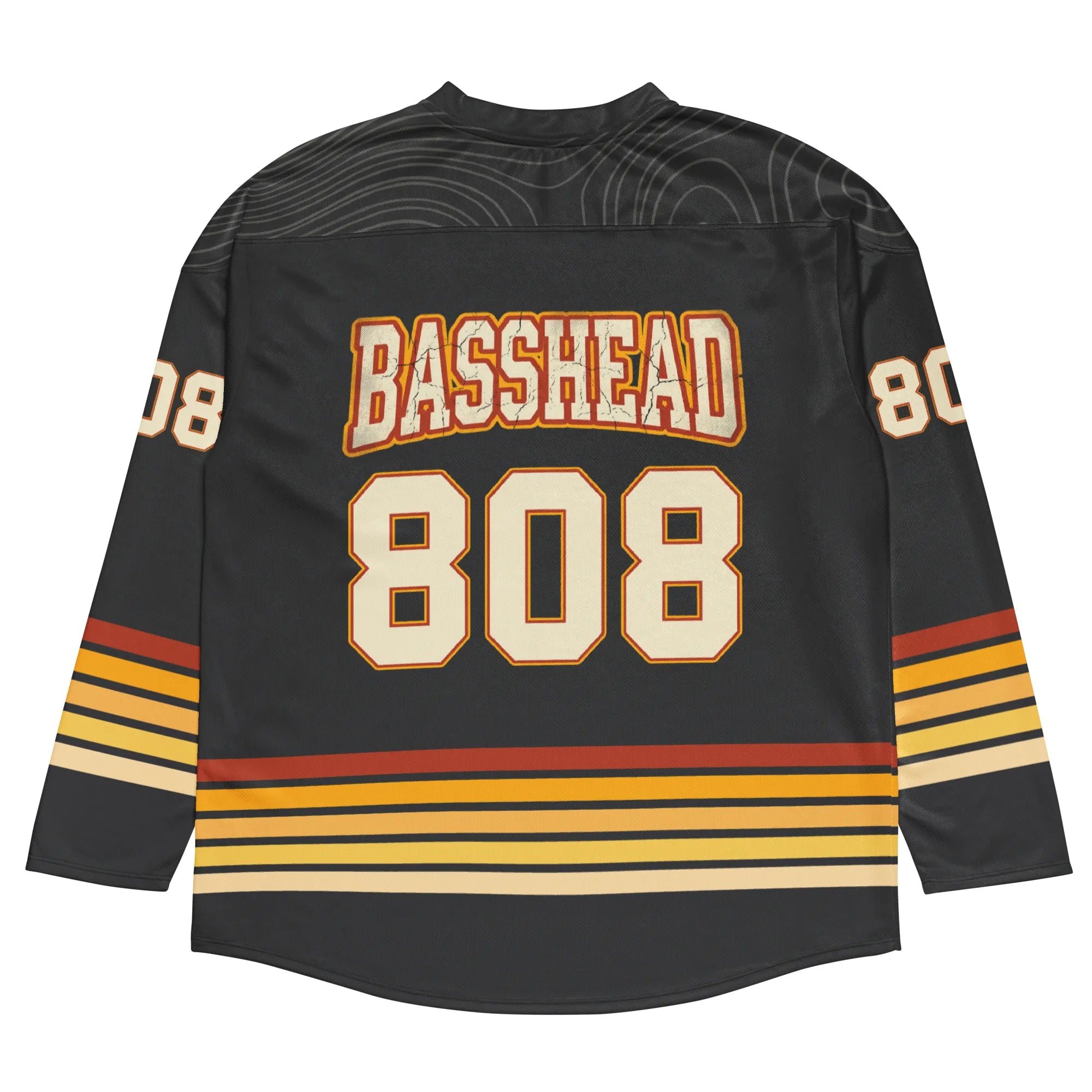 Back view of Basshead 808 hockey jersey for EDM festivals showing relaxed fit and long sleeves