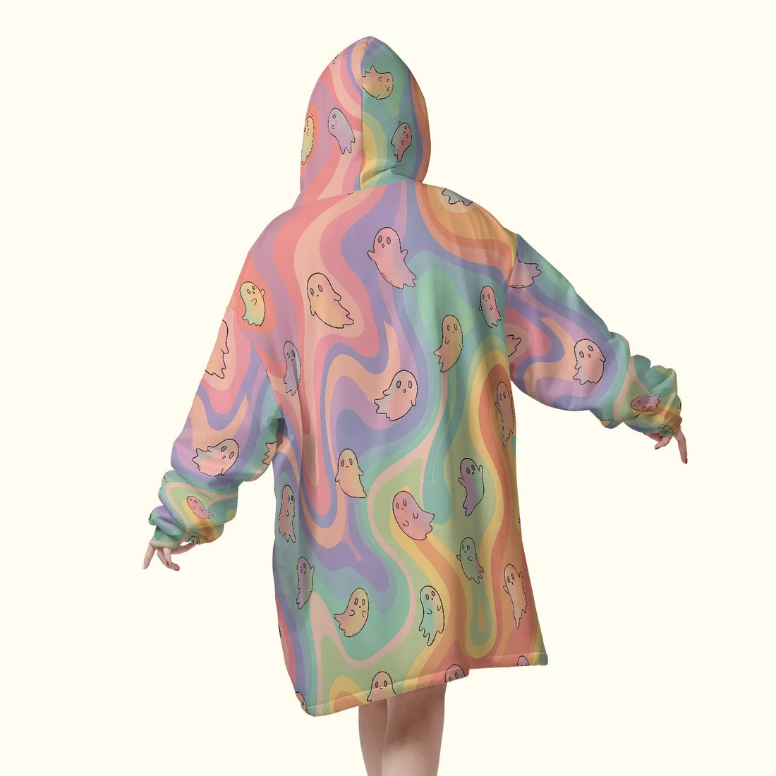 Front view of the Boo Blanket Hoodie Winter Rave Outfit, featuring an oversized pastel tie-dye ghost print, a deep front kangaroo pocket, and a warm sherpa-lined hood.