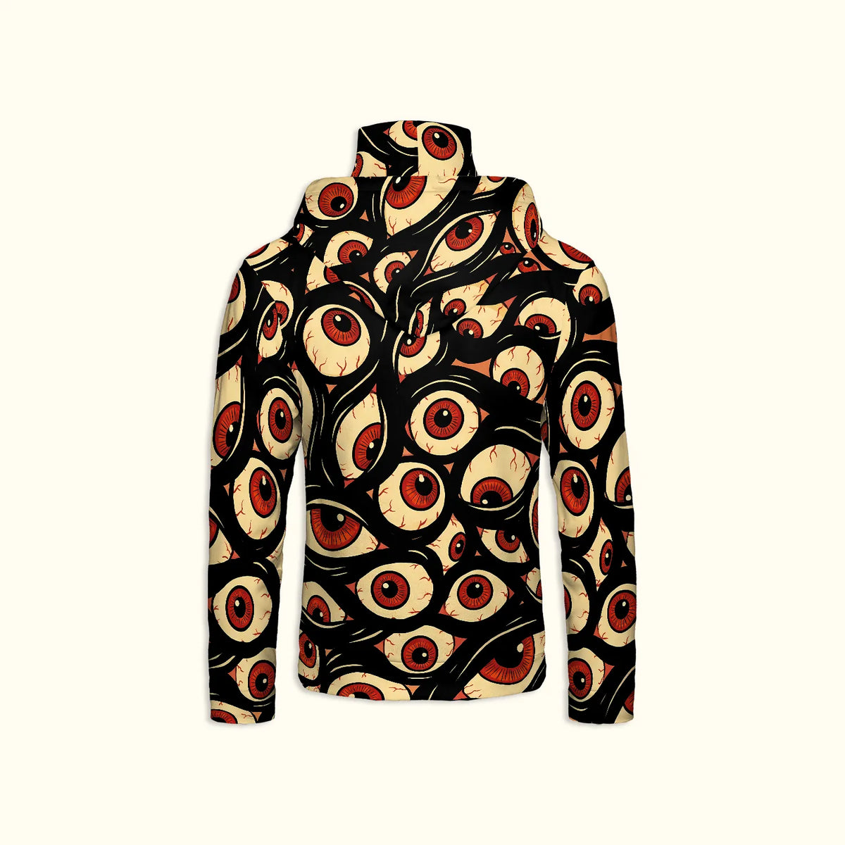 Back ghost mannequin view of the Halloween Hoodie Trippy Eye Rave Shirt highlighting the edge-to-edge red and cream eyeball graphic.
