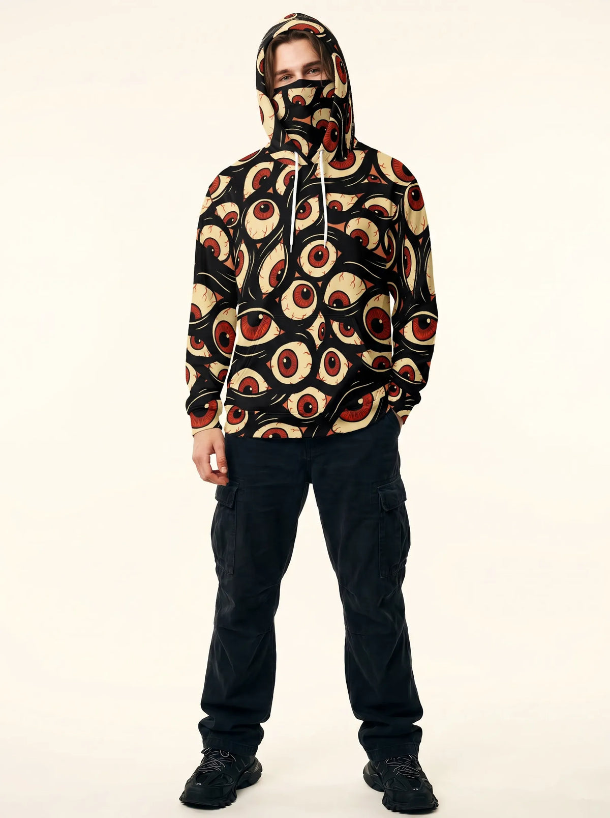 Full-body festival outfit featuring the Halloween Hoodie Trippy Eye Rave Shirt paired with black cargo pants and chunky boots for men.