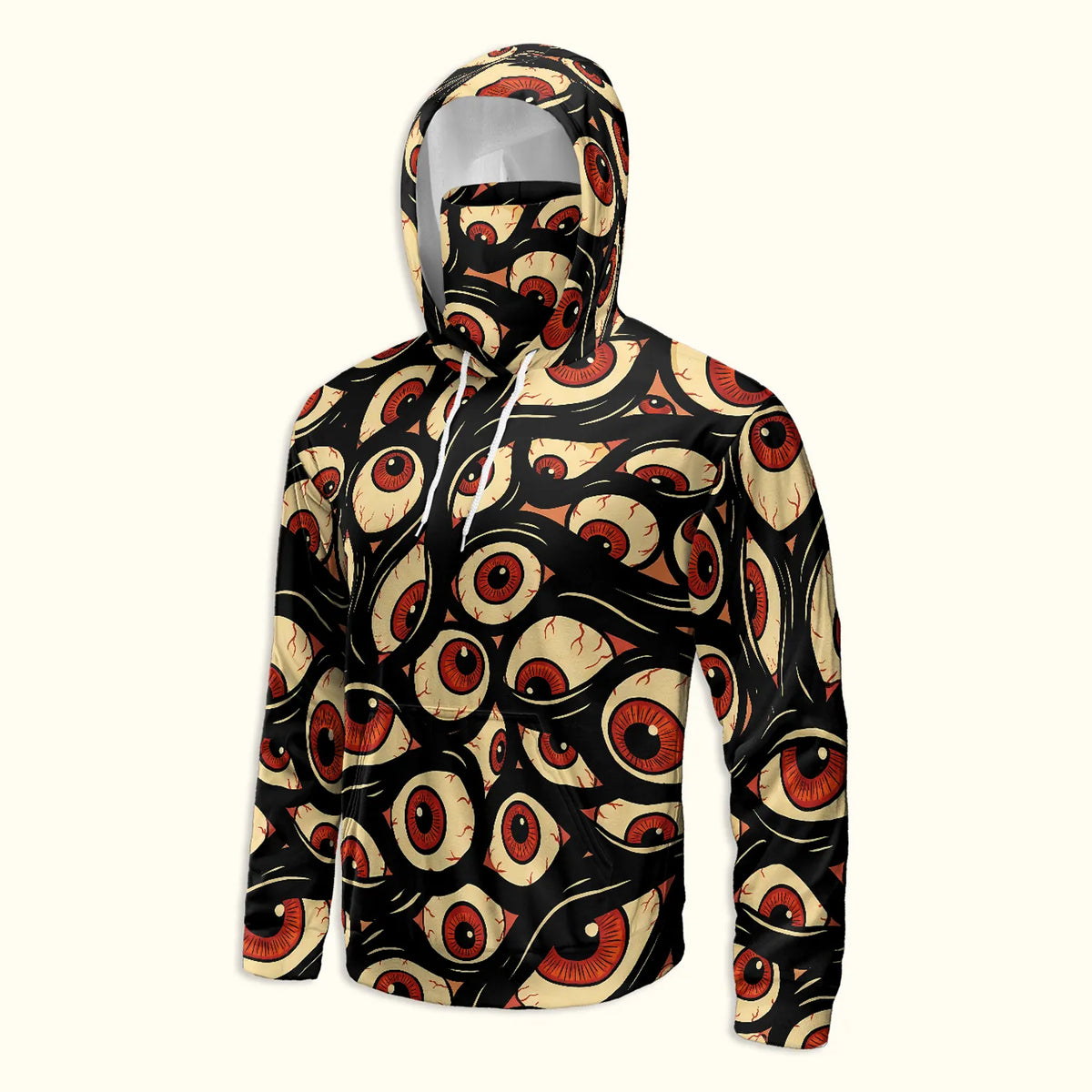 Front ghost mannequin view of the Halloween Hoodie Trippy Eye Rave Shirt detailing the front pocket, drawstrings, and integrated face cover.