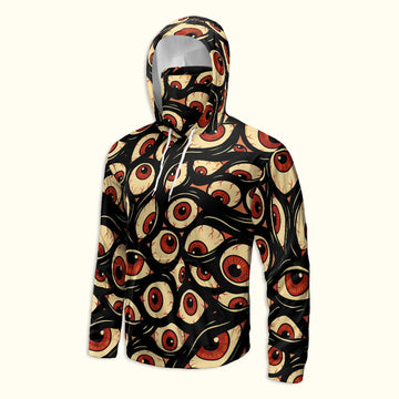 Front ghost mannequin view of the Halloween Hoodie Trippy Eye Rave Shirt detailing the front pocket, drawstrings, and integrated face cover.