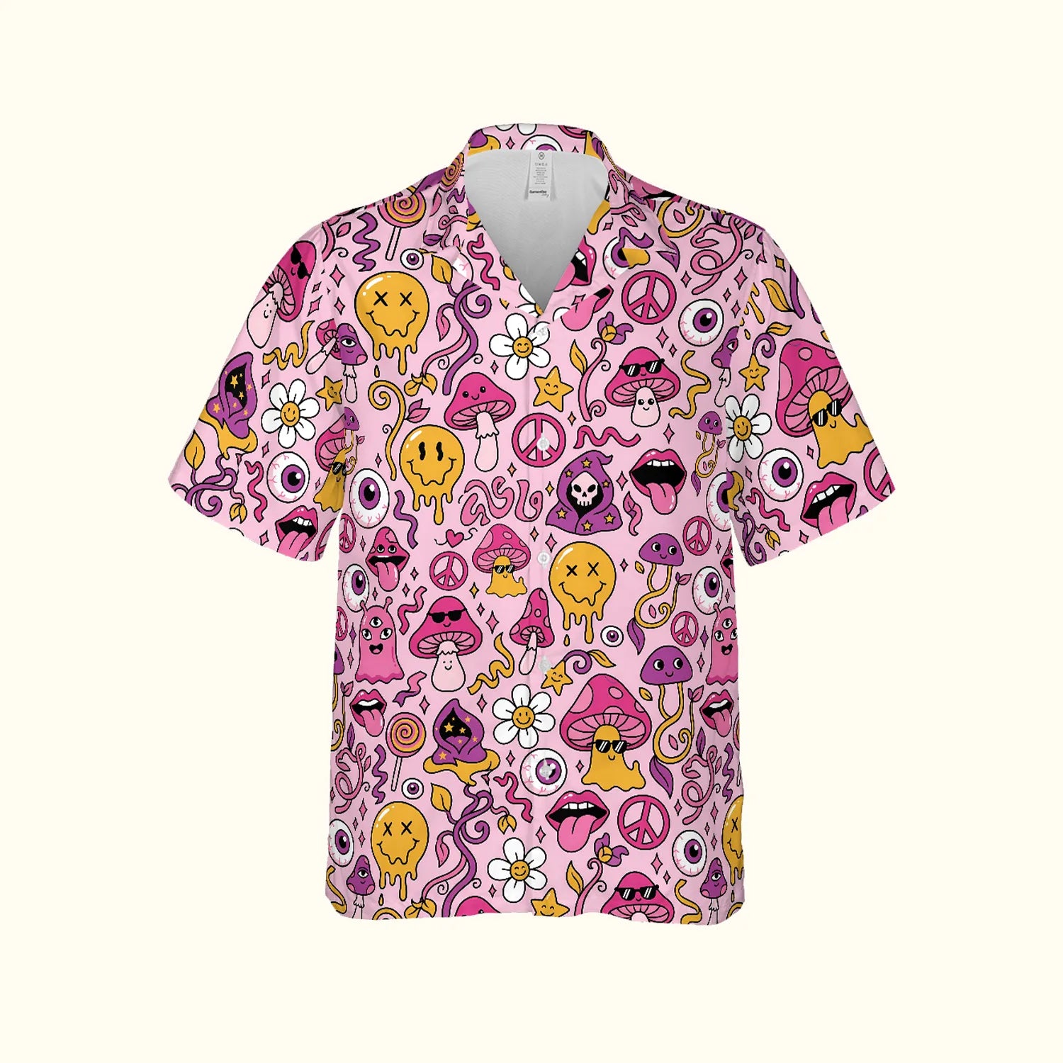 Front view of a pink trippy Hawaiian shirt featuring melting smiley faces and neon mushrooms for men's rave outfits.