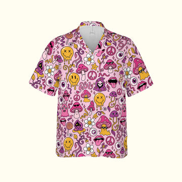 Front view of a pink trippy Hawaiian shirt featuring melting smiley faces and neon mushrooms for men's rave outfits.