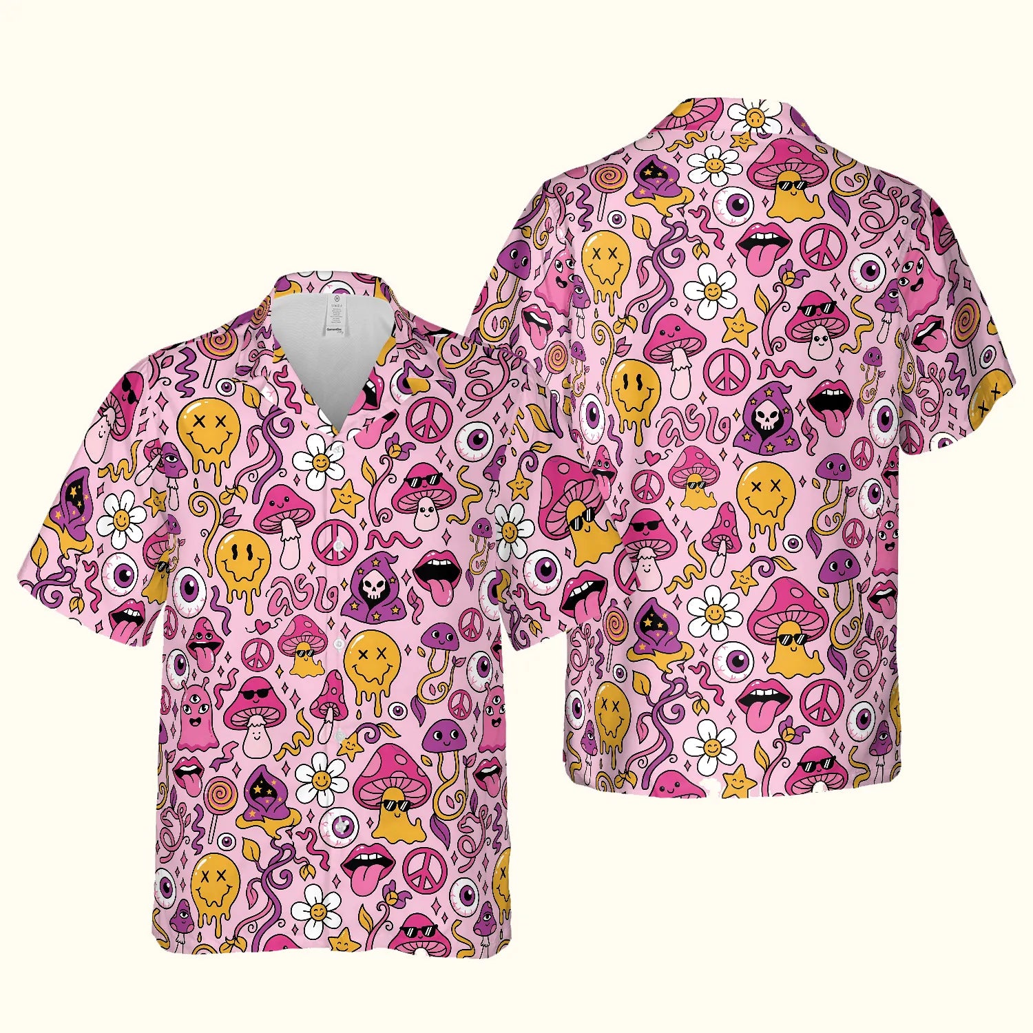 Front and back display of a pink trippy men's rave button up showing vibrant all-over print graphics on a white background