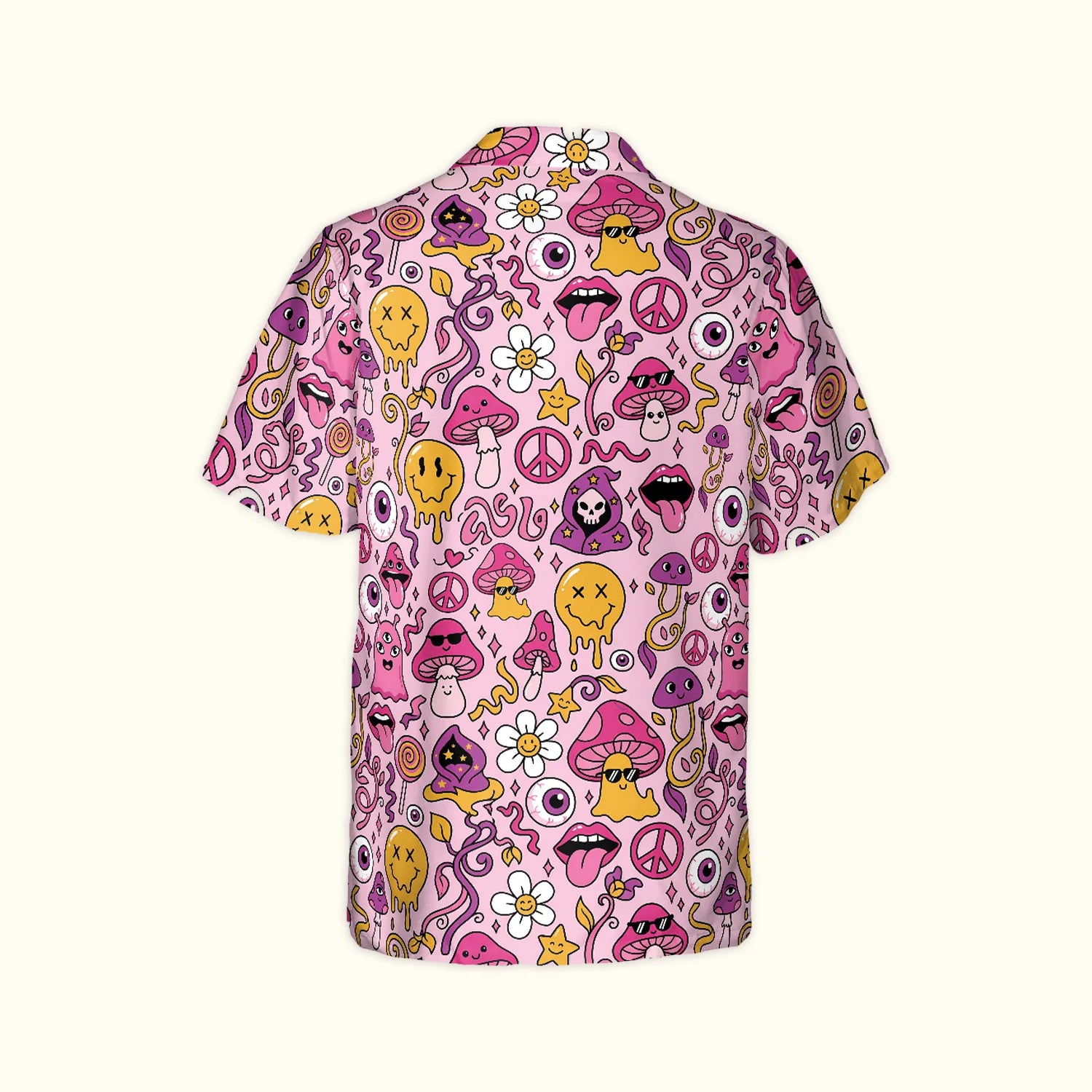 Back view of a pink trippy Hawaiian shirt highlighting bold psychedelic details like peace signs and grim reapers.