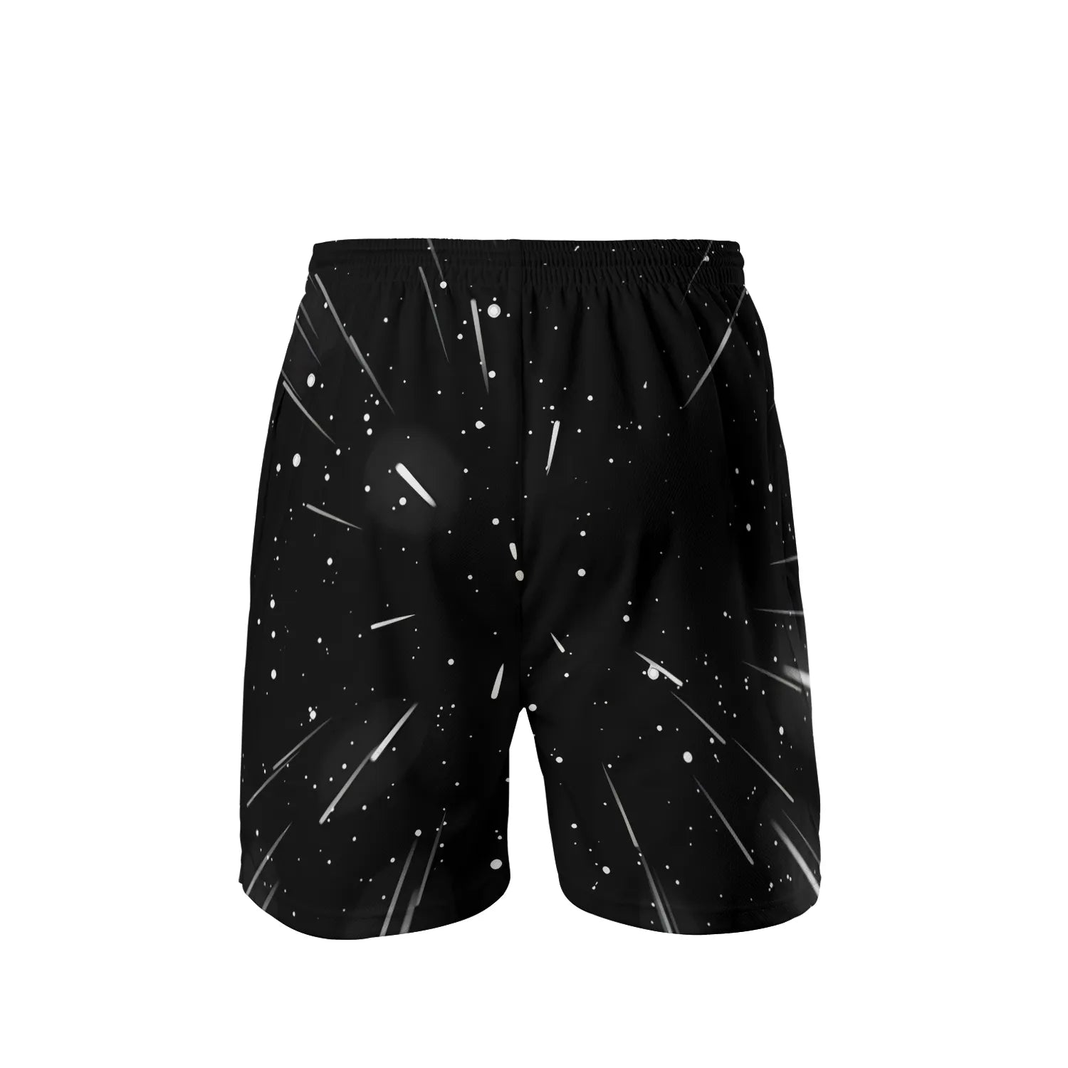 Back view of Men's trippy alien festival shorts showing a black and white meteor shower design.