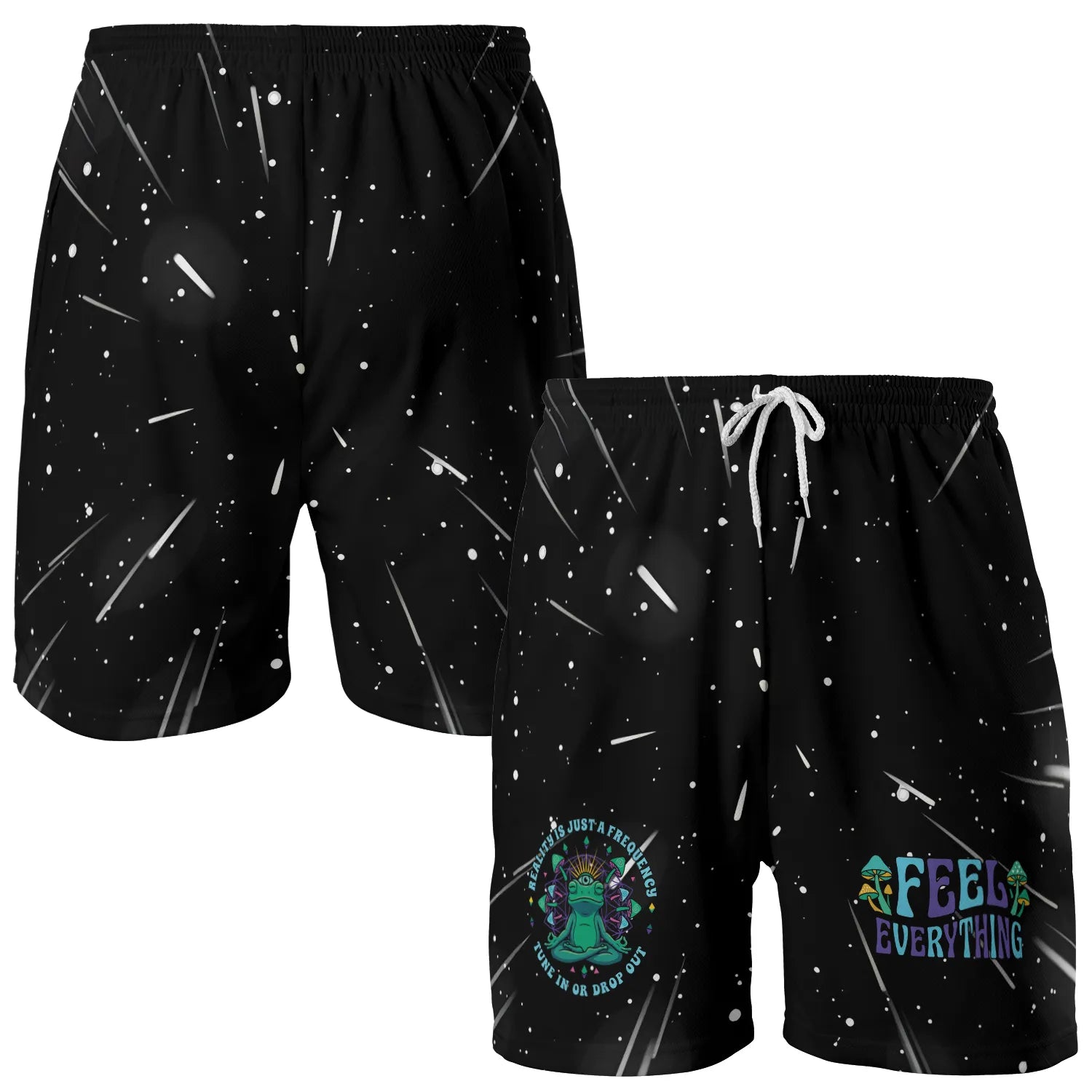 Front and side view of Men's Rave Shorts Trippy Alien Mesh Quick-Dry Bottoms featuring a black galaxy pattern