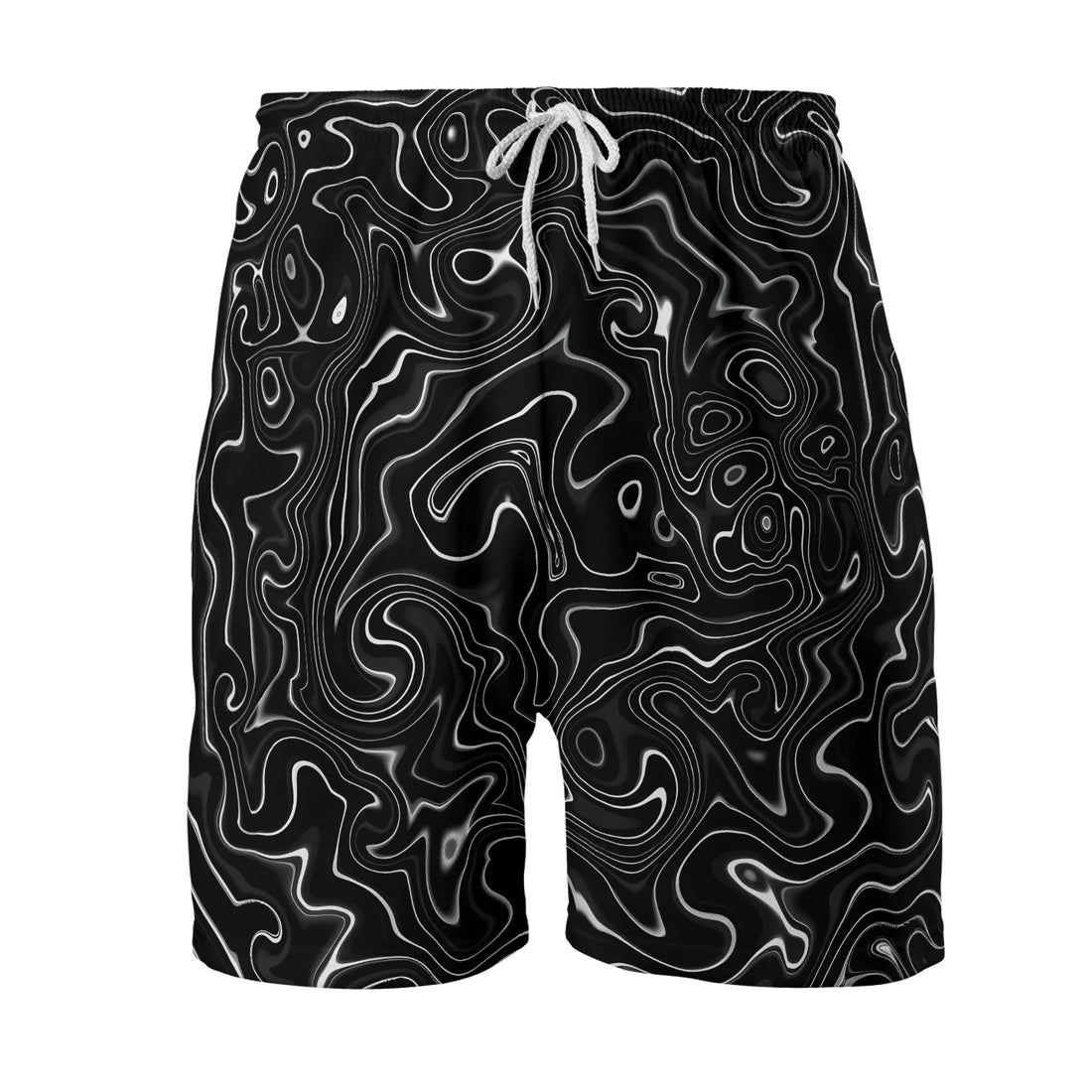 Front view of Mens Trippy Black Mesh Rave Shorts featuring an elastic waistband with a white drawstring and a white psychedelic liquid marble pattern on a black background