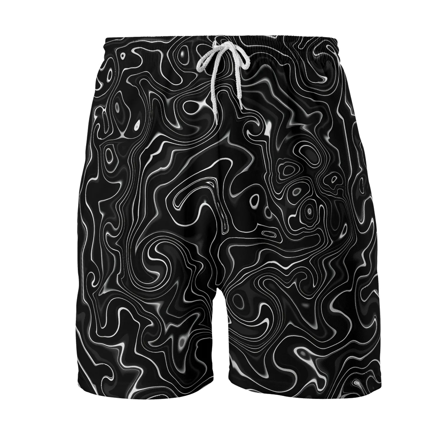 Front view of Mens Trippy Black Mesh Rave Shorts featuring an elastic waistband with a white drawstring and a white psychedelic liquid marble pattern on a black background