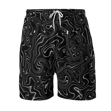 Front view of Mens Trippy Black Mesh Rave Shorts featuring an elastic waistband with a white drawstring and a white psychedelic liquid marble pattern on a black background