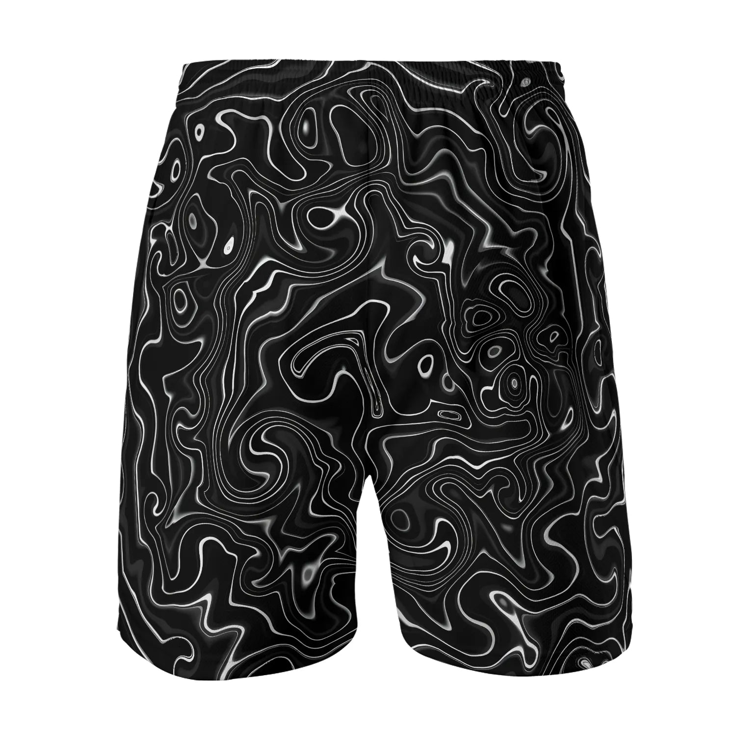 Back view of Mens Trippy Black Mesh Rave Shorts showcasing the continuous all-over white and black topographical optical illusion print and above-knee athletic fit.