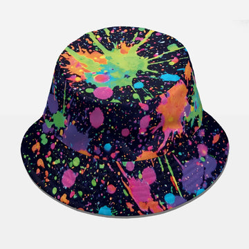 Neon paint splatter rave bucket hat featuring vibrant pink, green, and blue trippy drips on a black background