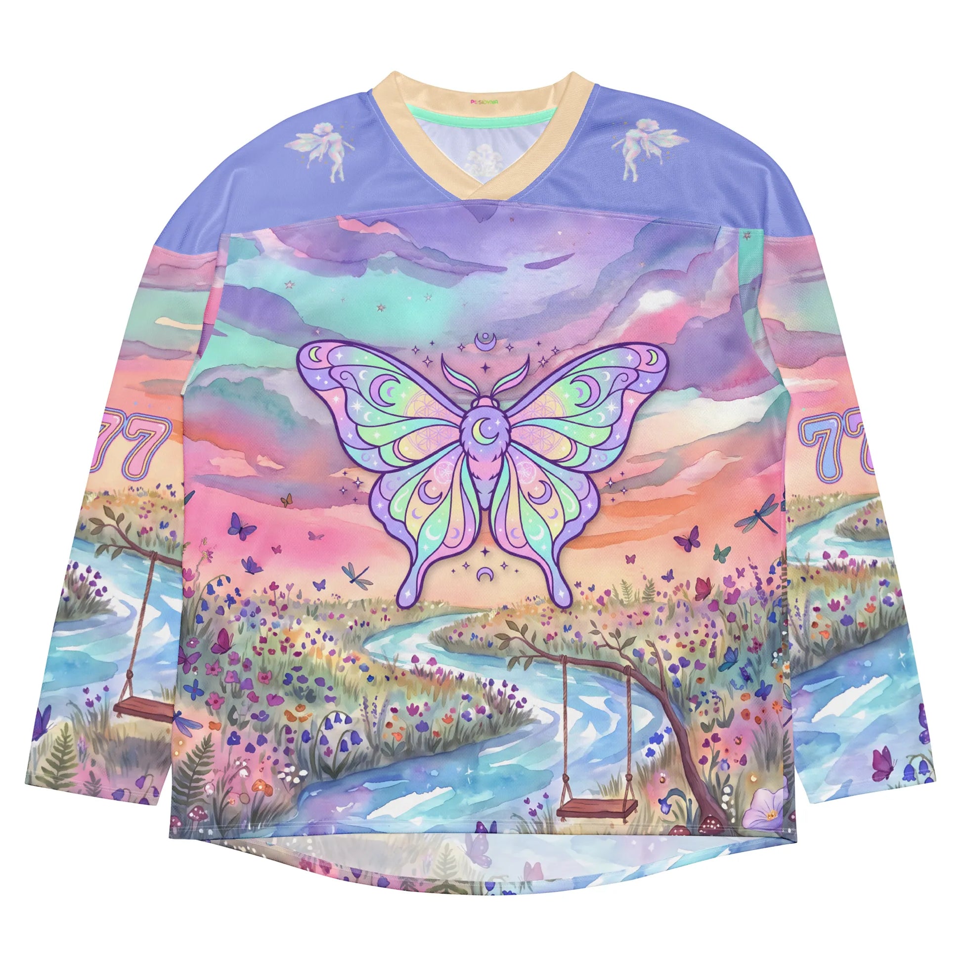 Front view of the Pastel Butterfly Rave Hockey Jersey, featuring a large mystical luna moth graphic over a pastel meadow and river scene
