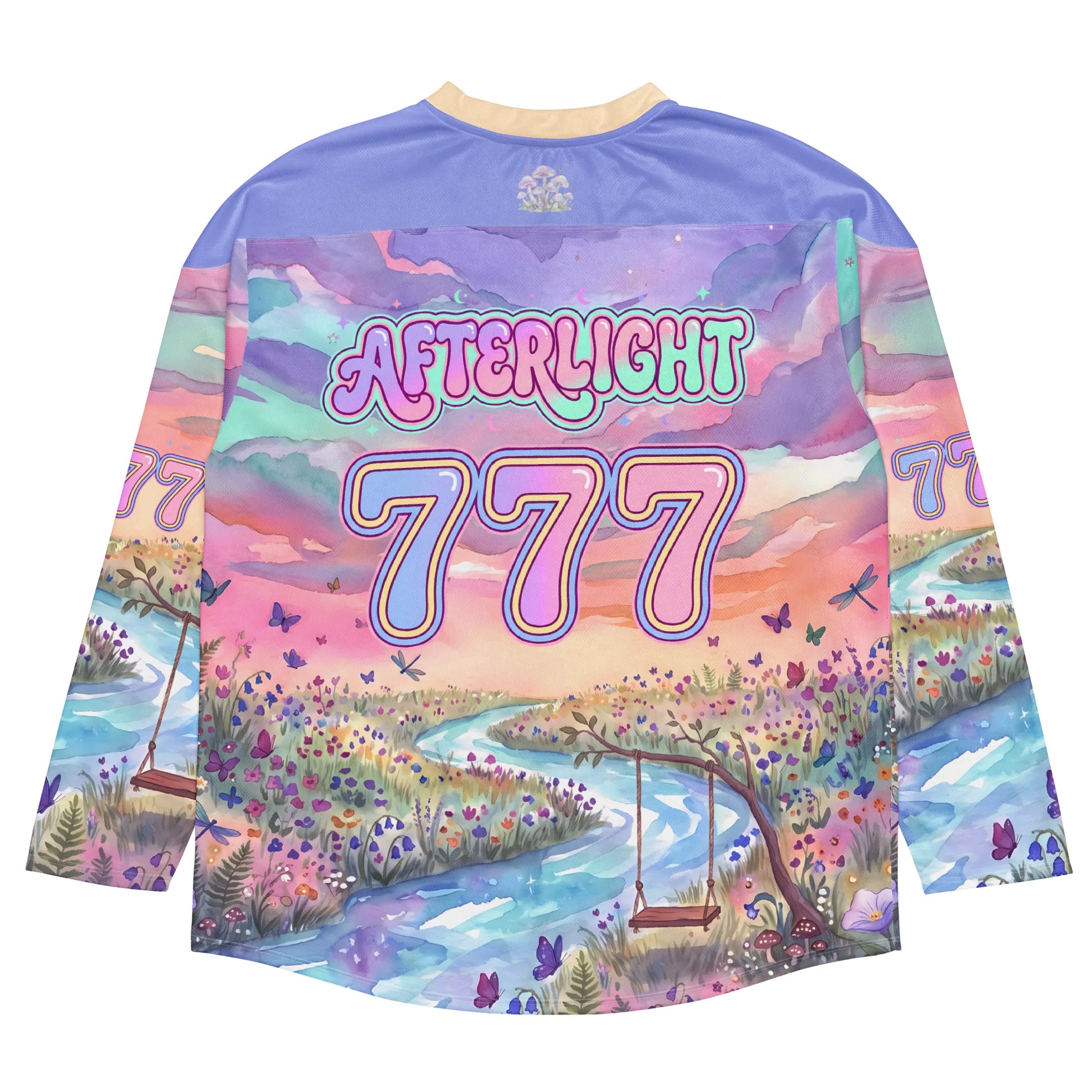 Back view of the Pastel Butterfly Rave Hockey Jersey, displaying the retro bubble text AFTERLIGHT and the number 777 against a dreamy pastel sunset
