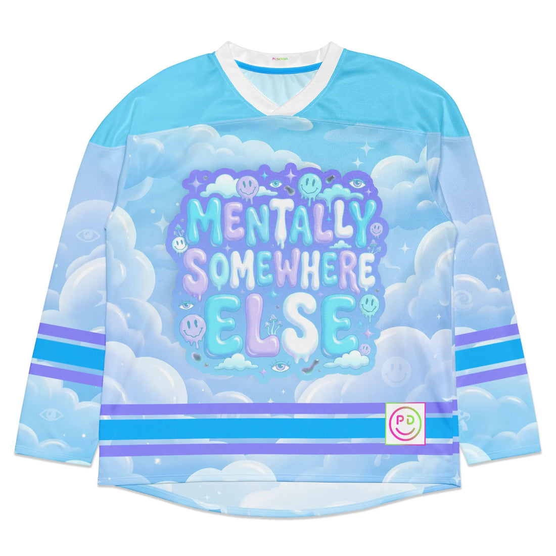 Female model wearing the pastel cloud rave hockey jersey, featuring a melting Mentally Somewhere Else graphic for an oversized trippy EDM outfit.