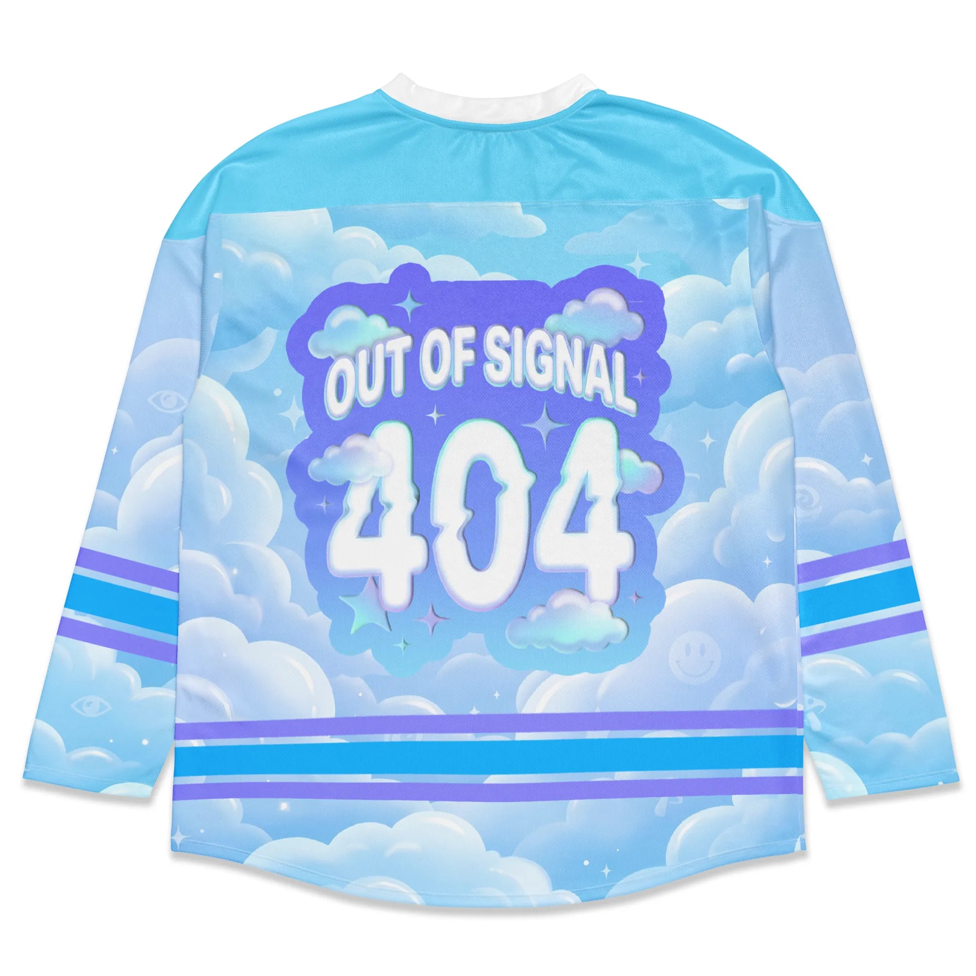 Back of the oversized trippy EDM hockey jersey displaying a bold Out of Signal 404 graphic over a pastel blue cloud background.