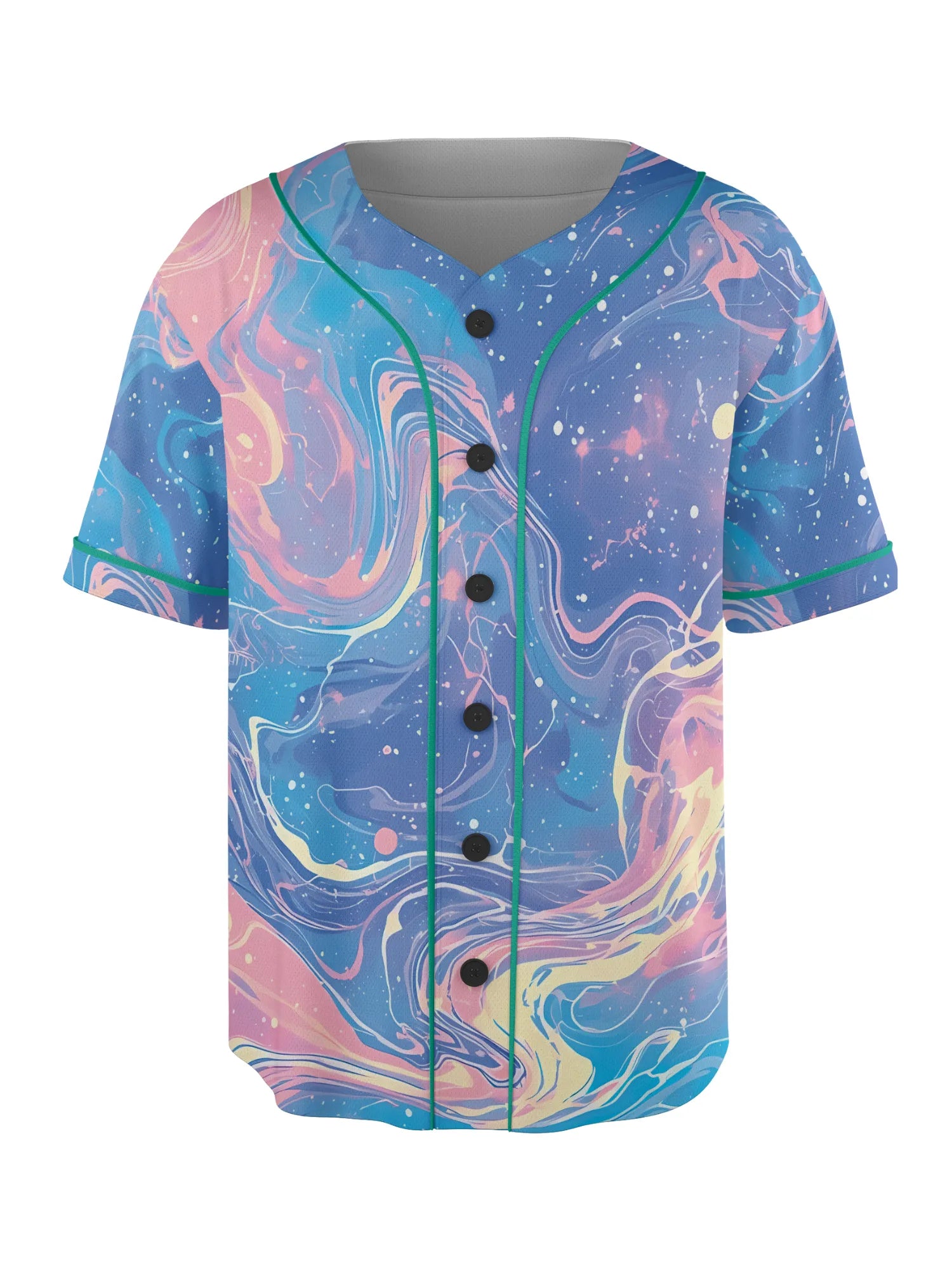 Front view of the Pastel Cute Rave Baseball Jersey featuring a breathable EDM mesh outfit design, styled with a trippy pink, blue, and yellow liquid galaxy swirl print, green piping, and a black button-up front.