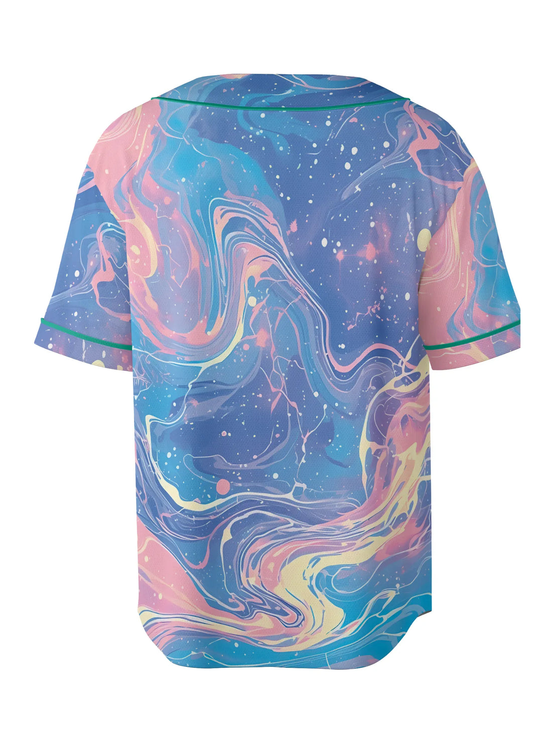 Front view of the Pastel Cute Rave Baseball Jersey featuring a breathable EDM mesh outfit design, styled with a trippy pink, blue, and yellow liquid galaxy swirl print, green piping, and a black button-up front.