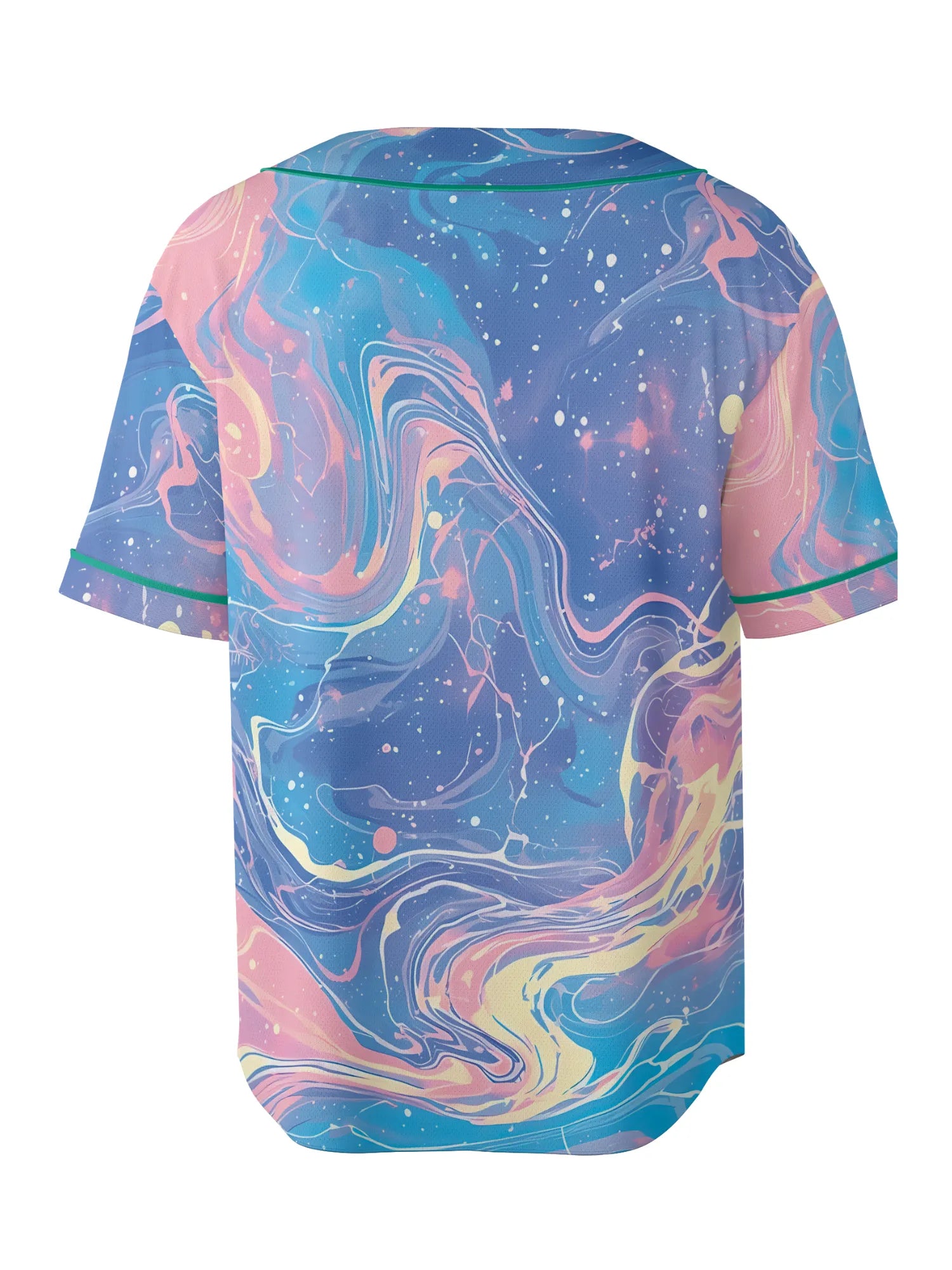 Back view of the Pastel Cute Rave Baseball Jersey showing a breathable EDM mesh outfit, highlighting the all-over pastel pink and blue swirling space pattern with white star speckles and green sleeve piping.