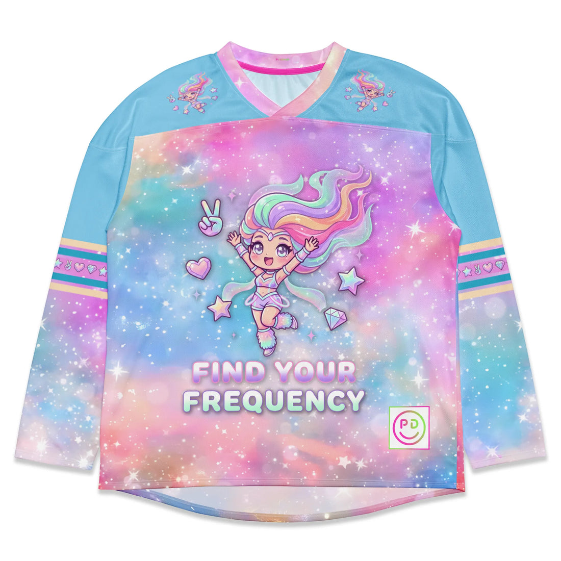 Woman modeling the Pastel-Galaxy-Rave-Hockey-Jersey-EDM-Top, which features a kawaii anime girl graphic and "Find Your Frequency" text over a pink and blue starry background.