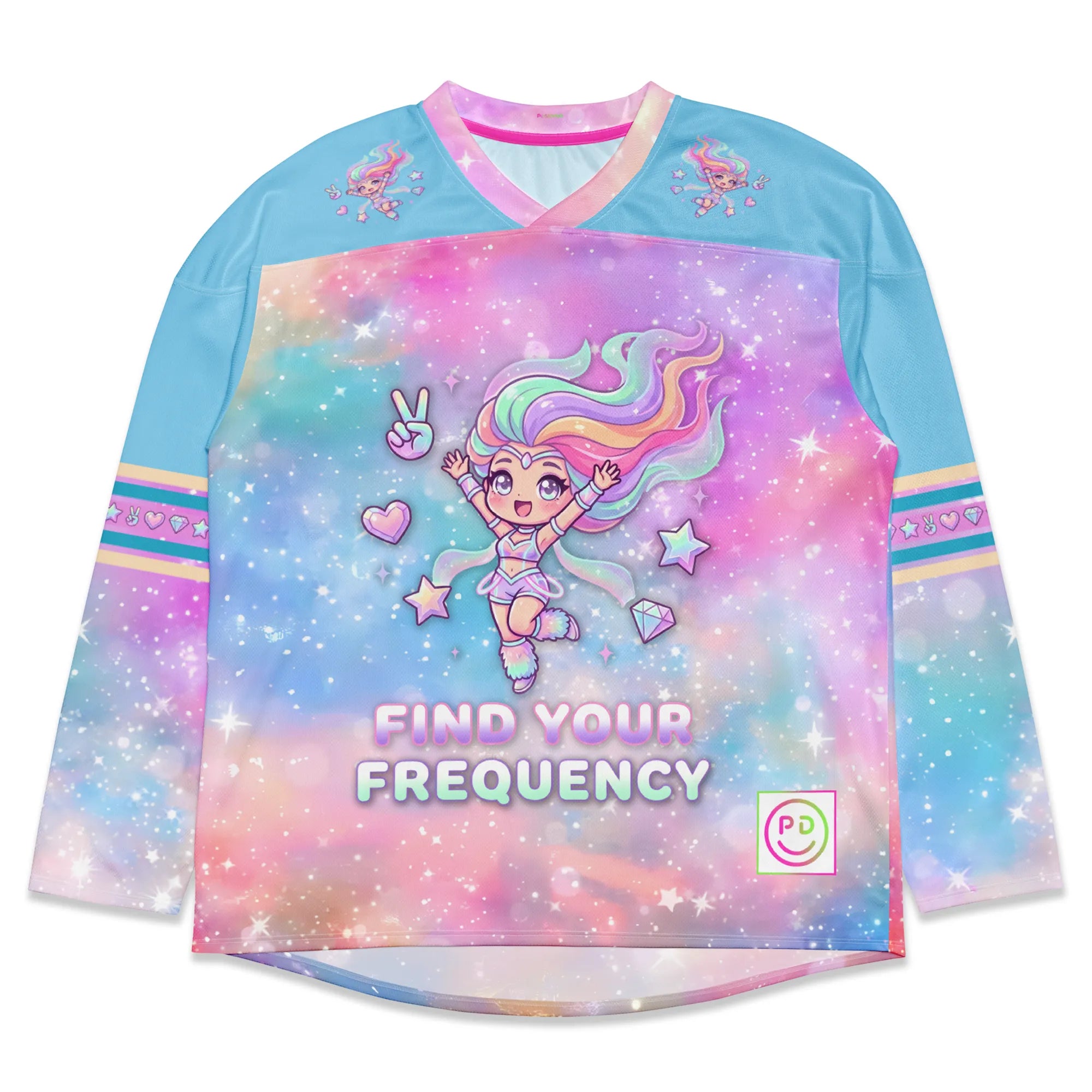 Front flat lay view of the Pastel-Galaxy-Rave-Hockey-Jersey-EDM-Top, displaying a pastel galaxy print, a cute anime raver girl throwing a peace sign, and "Find Your Frequency" text.