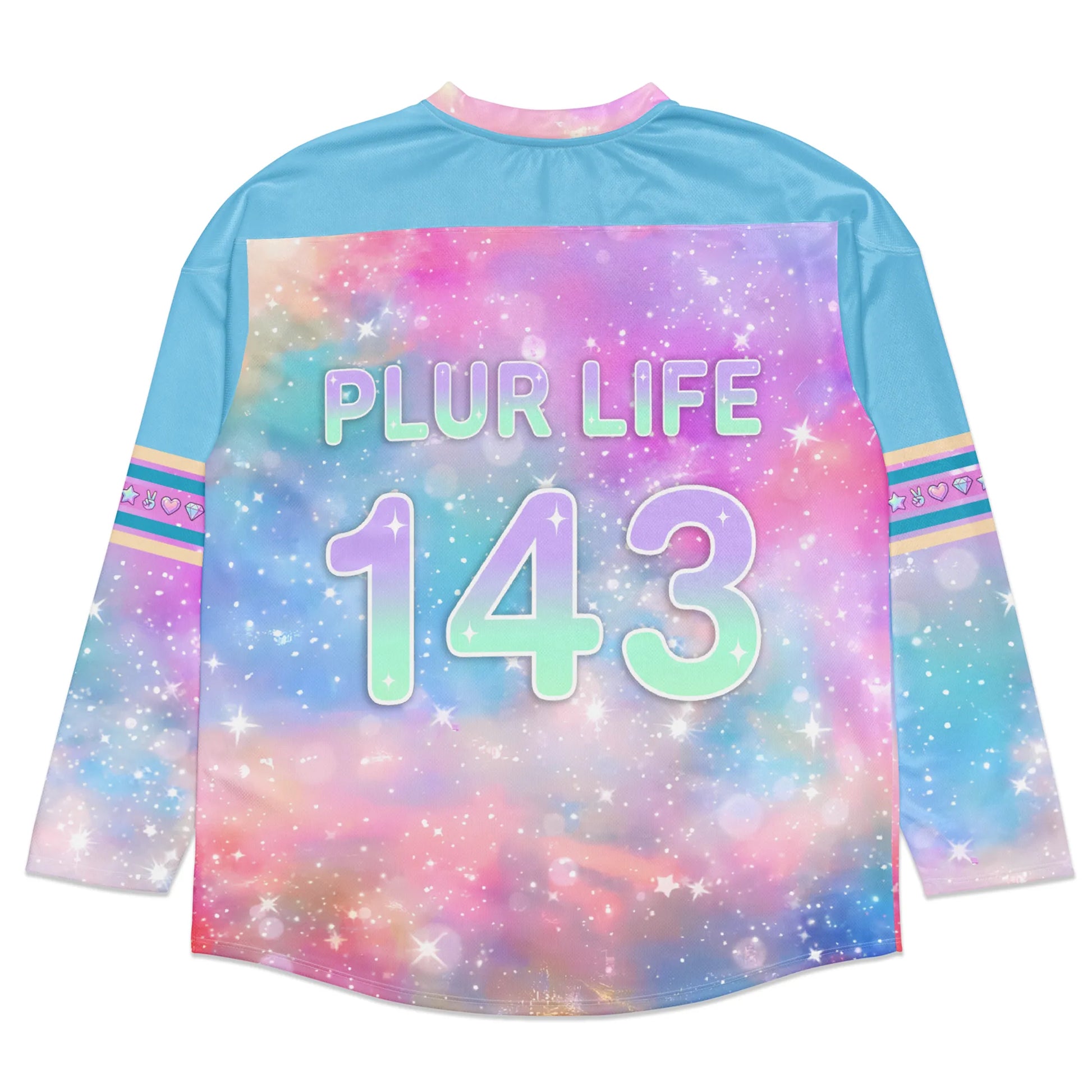 Back flat lay view of the Pastel-Galaxy-Rave-Hockey-Jersey-EDM-Top, showing large mint text that reads "PLUR LIFE" over the number "143" against a starry pastel background with striped sleeve accents