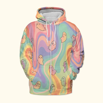 Pastel ghost rave hoodie zip-up front view in rainbow colors