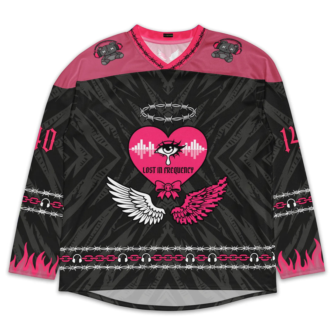 Female model wearing the oversized Pink Rave Hockey Jersey Recycled EDM Outfit, showcasing the relaxed festival fit, V-neck collar, and the striking cyber-gothic front graphics