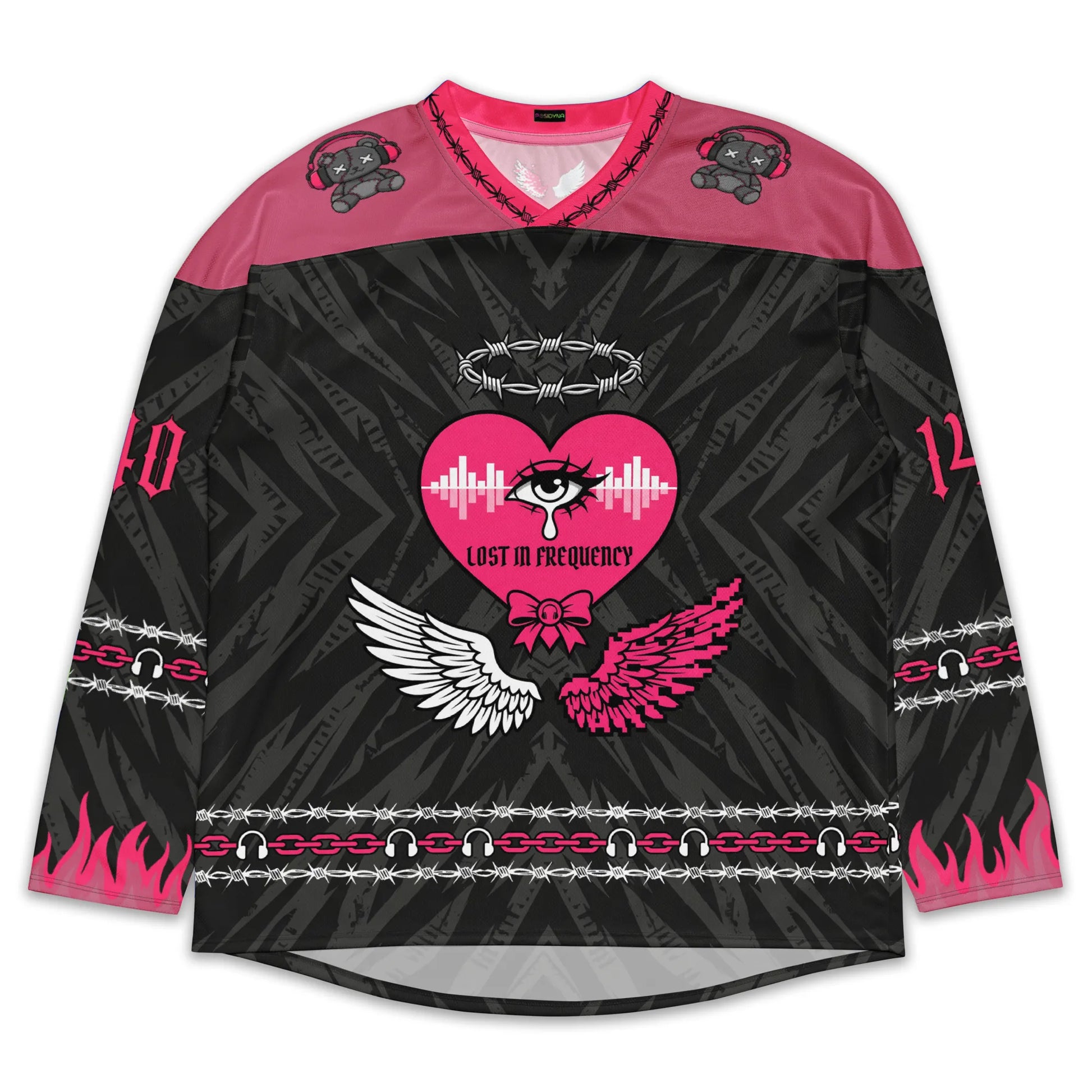 Front view of the Pink Rave Hockey Jersey Recycled EDM Outfit, displaying a bold magenta and black design with a central 'Lost in Frequency' heart, angel wings, and teddy bear motifs on the shoulders