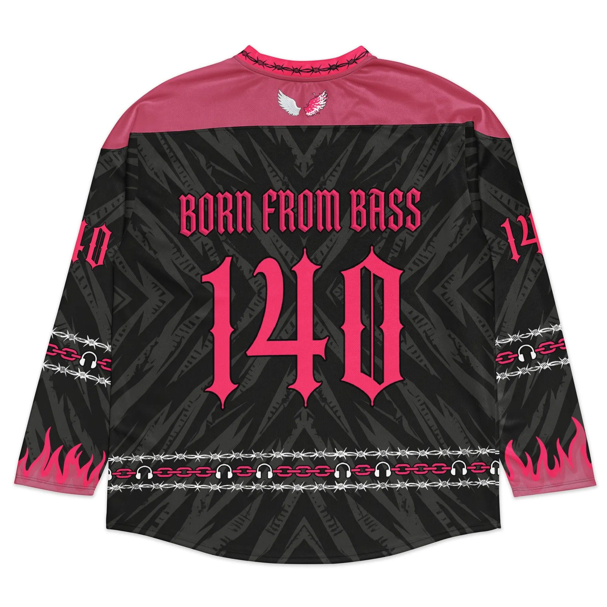 Back view of the Pink Rave Hockey Jersey Recycled EDM Outfit, featuring a black base with large hot pink gothic text reading 'Born From Bass' and the number 140, framed by barbed wire and flame motifs