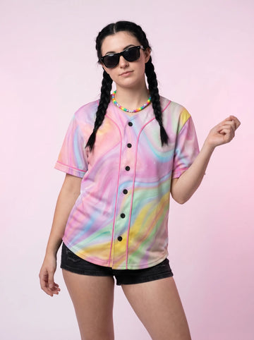 Front view of a pastel mesh rave baseball jersey styled as a summer festival top with black shorts.