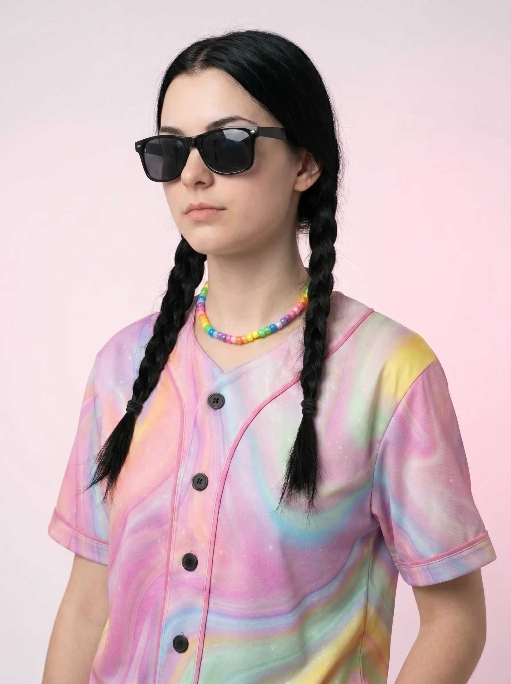 Close-up of a pastel swirl EDM outfit featuring a button-up rave baseball jersey paired with a kandi necklace.