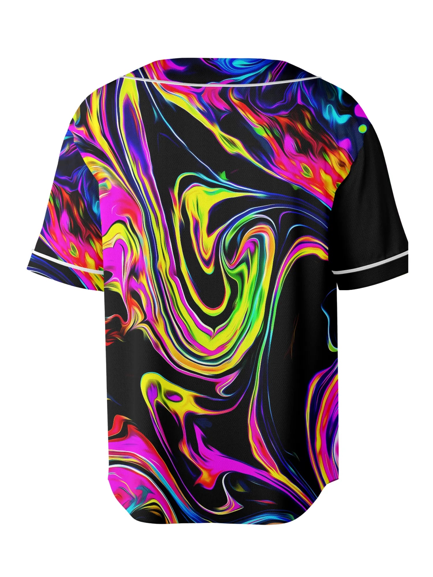 Colorful abstract design on a black shirt with white trim