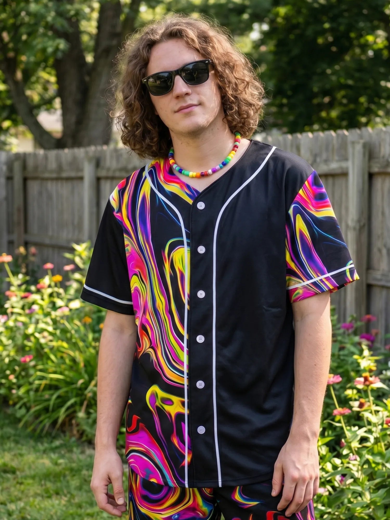 Person wearing a colorful baseball jersey with a black background outdoors.