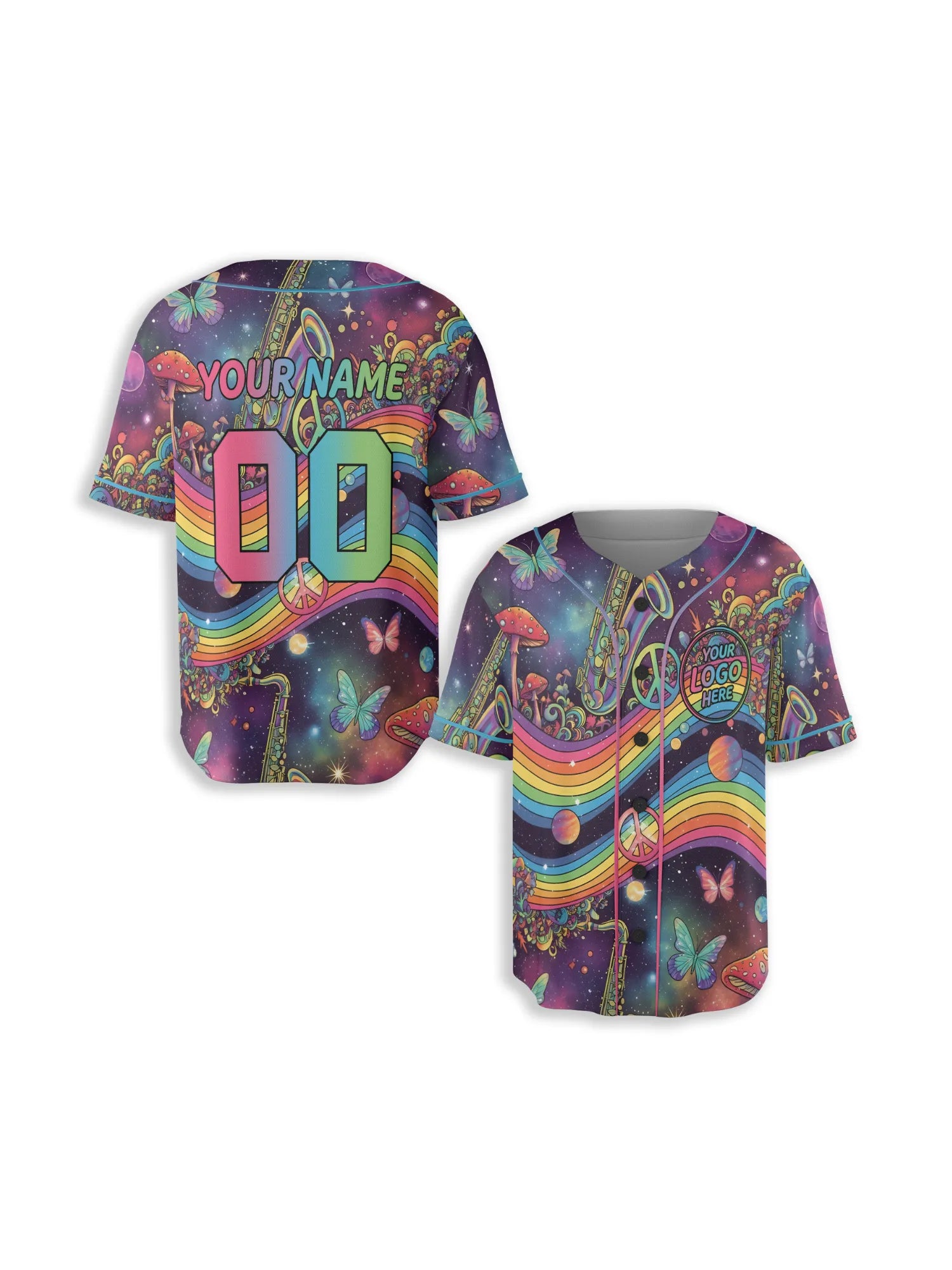 Front and back display of a customizable Rave Baseball Jersey Trippy Neon Mesh EDM Festival Outfit, featuring a psychedelic cosmic space print with sweeping rainbows, peace signs, and glowing mushrooms