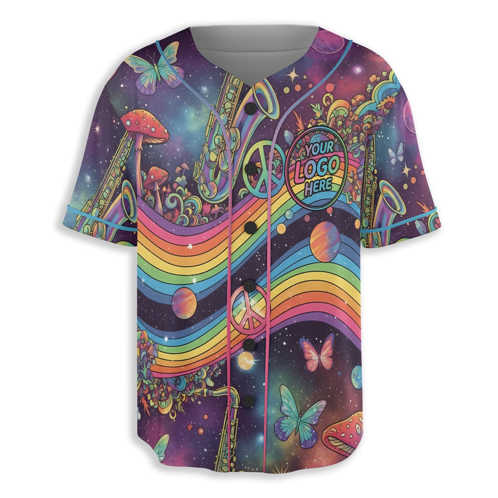 Front view of a button-up neon mesh EDM festival jersey, showcasing a trippy galaxy pattern with colorful butterflies, saxophones, and a placeholder for a custom logo on the left chest