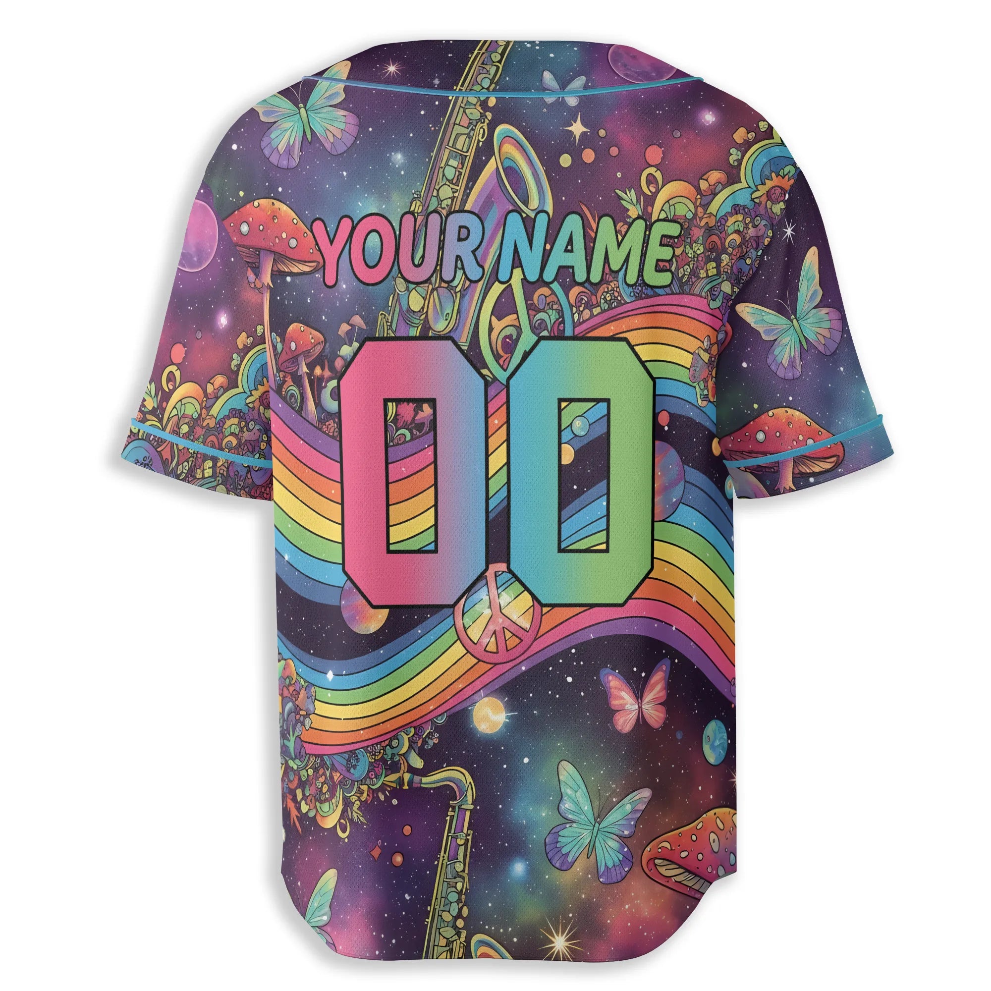 Back view of a trippy neon rave baseball jersey designed for EDM outfits, highlighting a customizable neon name and number over a vibrant starry space background