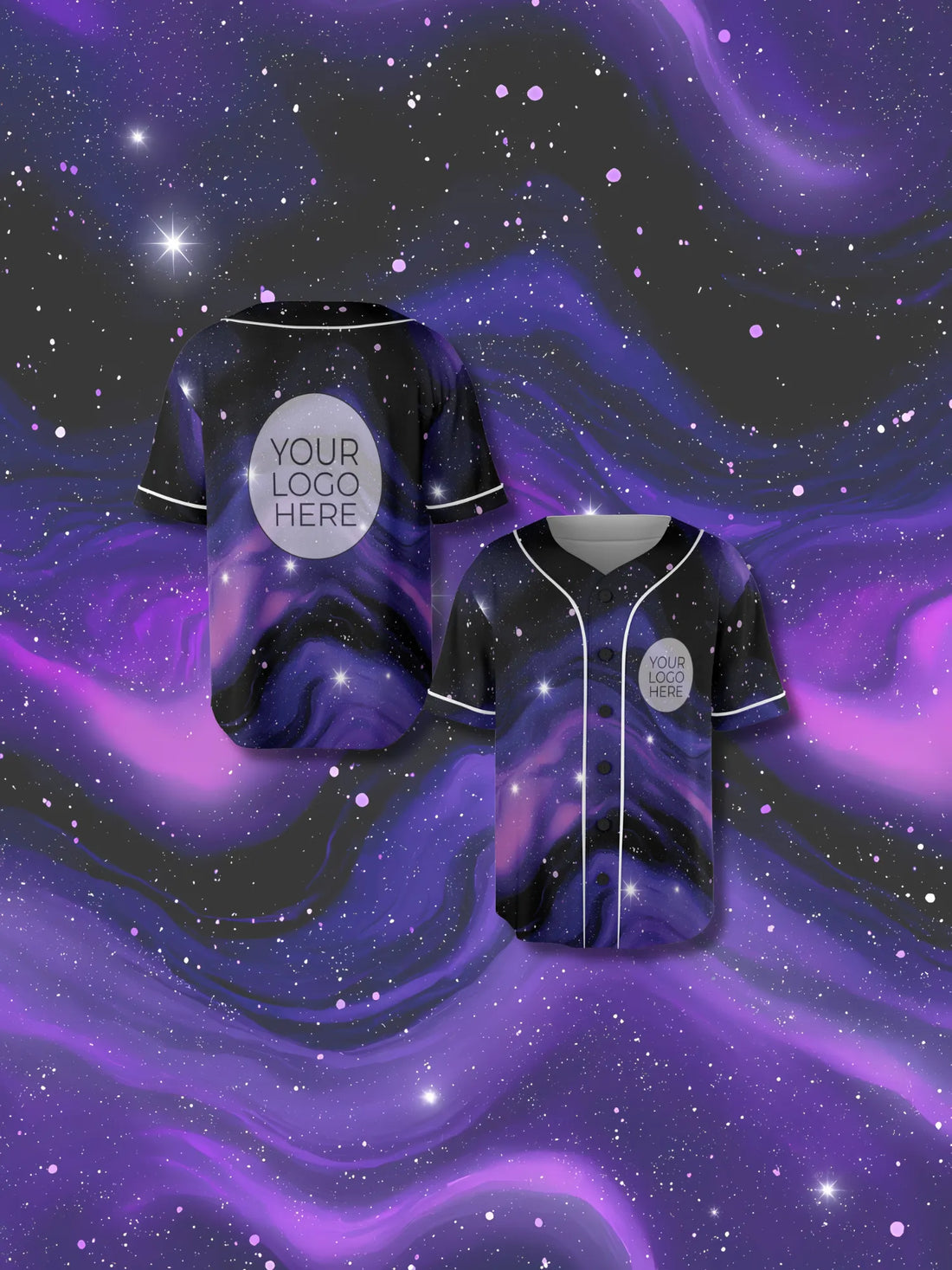 Close-up look at the traditional button-up design and vibrant pink starlight detailing on the trippy purple galaxy mesh festival shirt