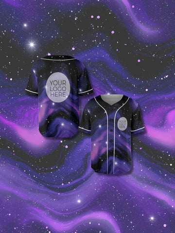 Close-up look at the traditional button-up design and vibrant pink starlight detailing on the trippy purple galaxy mesh festival shirt