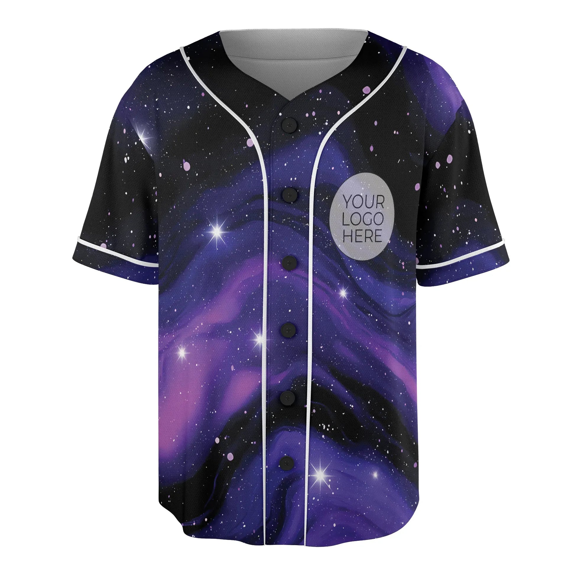 Front view of the trippy purple galaxy rave baseball jersey with black buttons and white piping