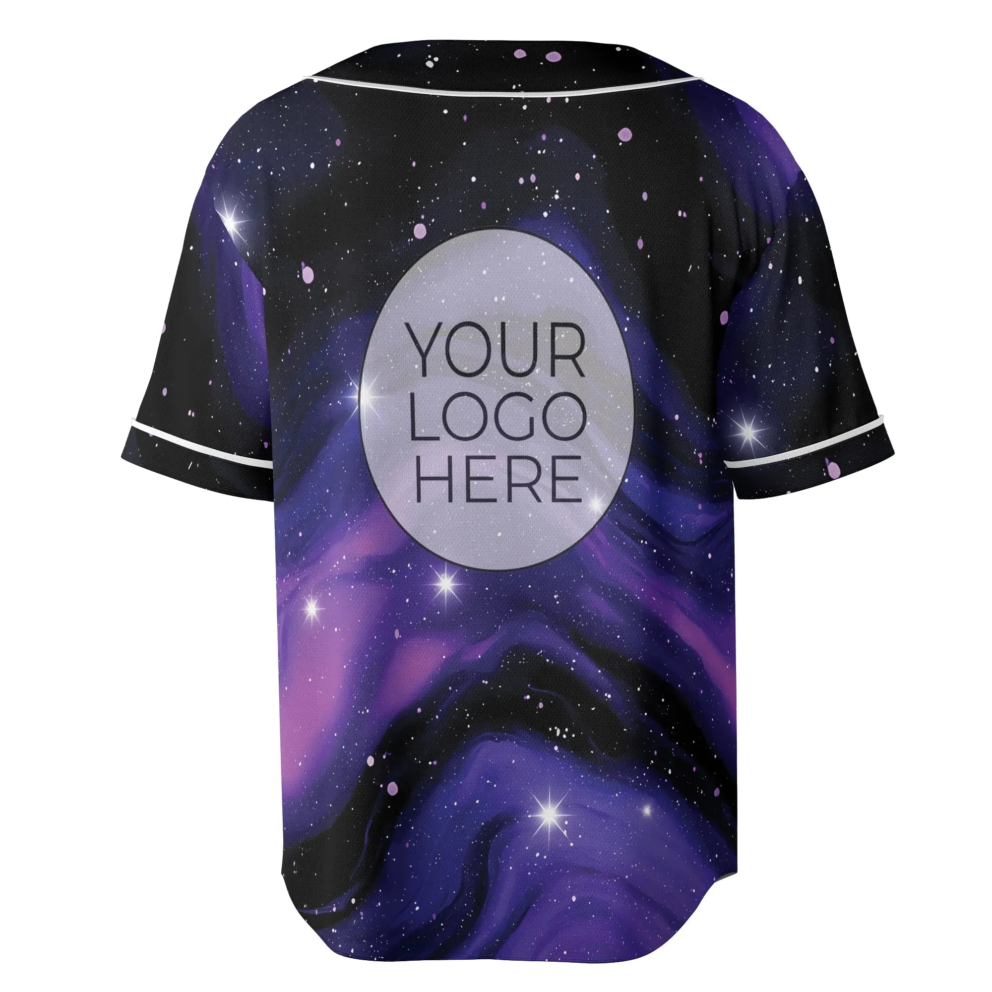 Back view of the mesh festival shirt featuring a cosmic purple nebula design and a placeholder for a custom logo