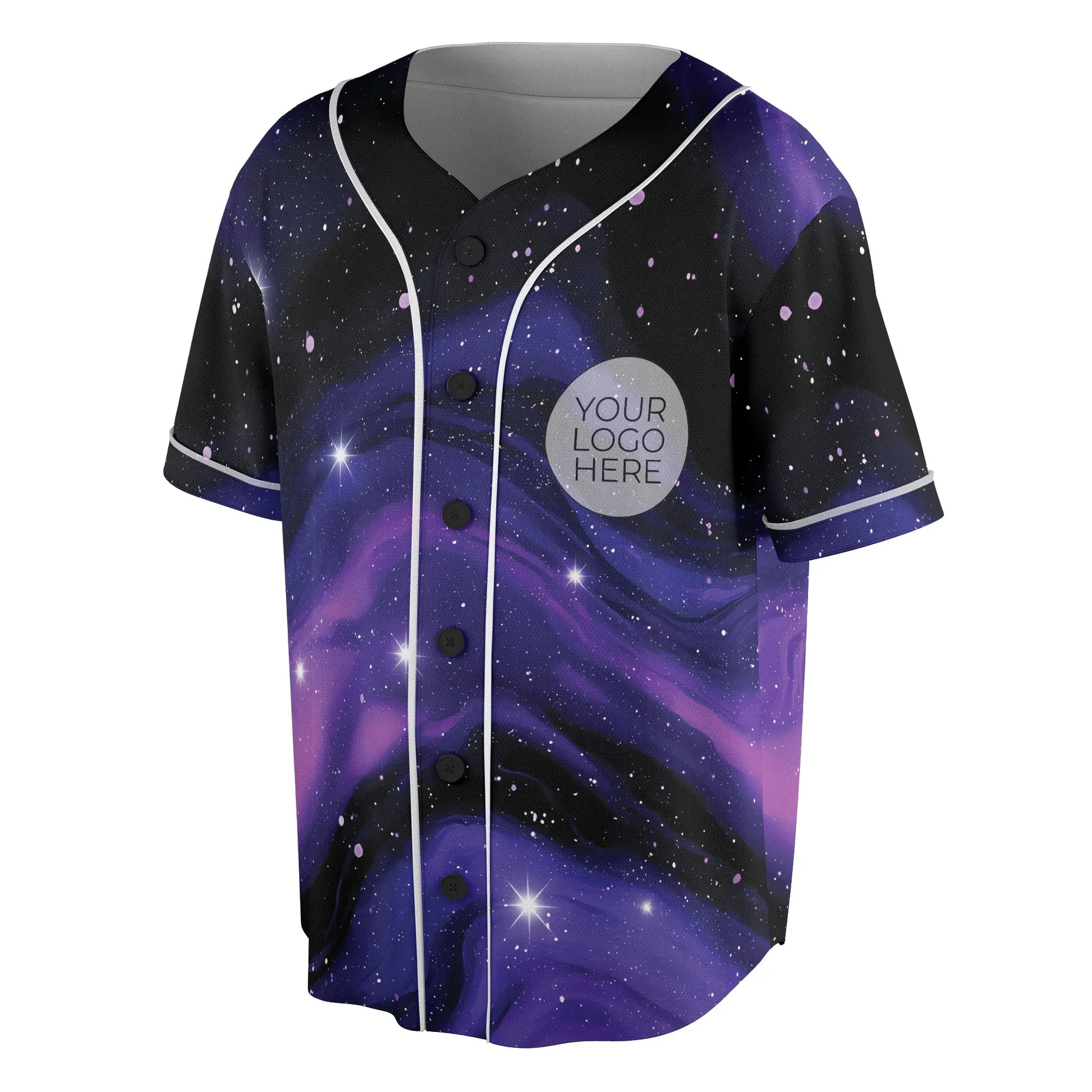 Angled front view highlighting the breathable flatback mesh fabric of the EDM baseball jersey in a vibrant space pattern