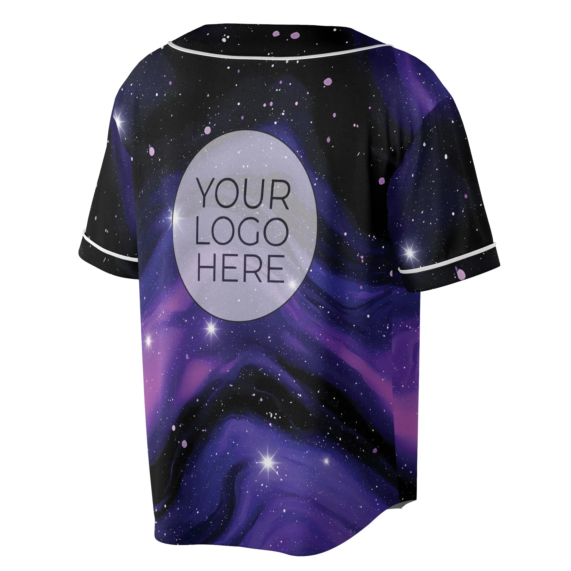 Angled back view of the purple galaxy rave jersey showing swirling celestial graphics and bright white stardust