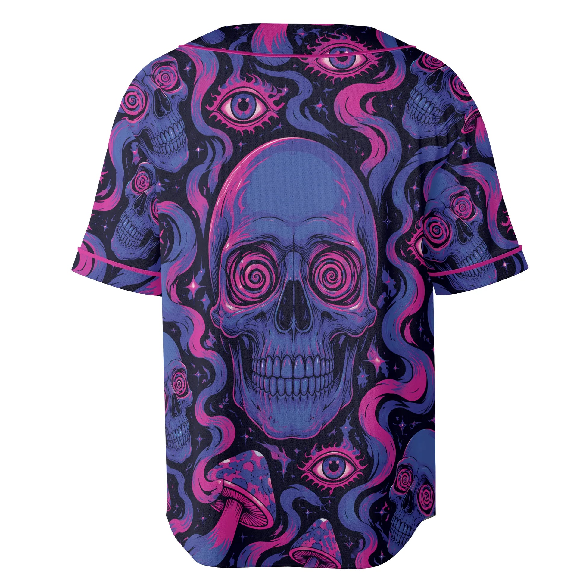 Full back view of the trippy skull rave baseball jersey highlighting the vibrant purple graphic art and relaxed fit silhouette.