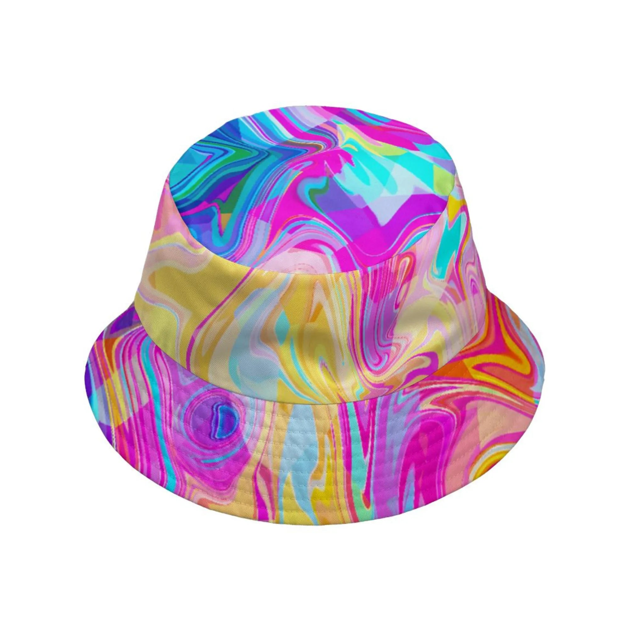 Standalone view of a vibrant Rave Bucket Hat featuring a neon pink, blue, and yellow psychedelic swirl pattern.